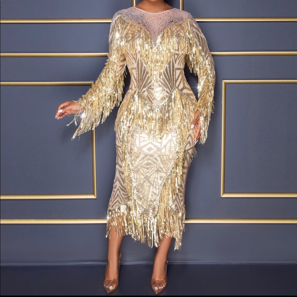 Gold Sequins Fringe Luxe Midi Dress